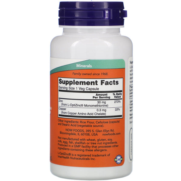 Now Foods, L-OptiZinc, 30 mg, 100 Veg Capsules - The Supplement Shop