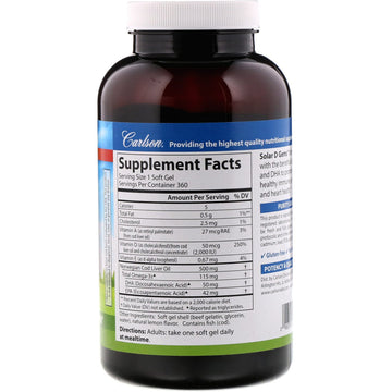 Carlson, Solar D Gems® , Vitamin D3 + Omega-3s, Natural Lemon, 360 Soft Gels