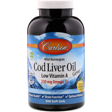 Carlson Labs, Wild Norwegian Cod Liver Oil Gems, Low Vitamin A, Natural Lemon Flavor, 300 Soft Gels