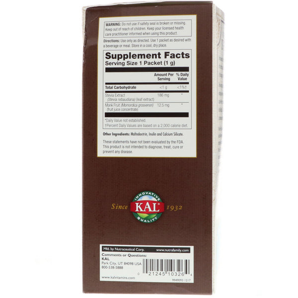 KAL, Sure Stevia, Plus Monk Fruit, 100 Packets, 3.5 oz (100 g) - The Supplement Shop