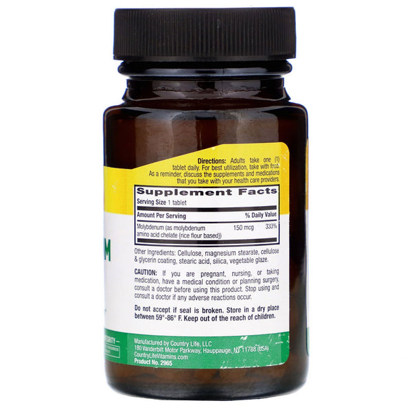 Country Life, Chelated Molybdenum, 150 mcg, 100 Tablets - The Supplement Shop