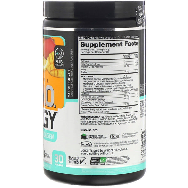 Optimum Nutrition, ESSENTIAL AMIN.O. ENERGY PLUS UC-II COLLAGEN, Mango Lemonade, 9.5 oz (270 g)