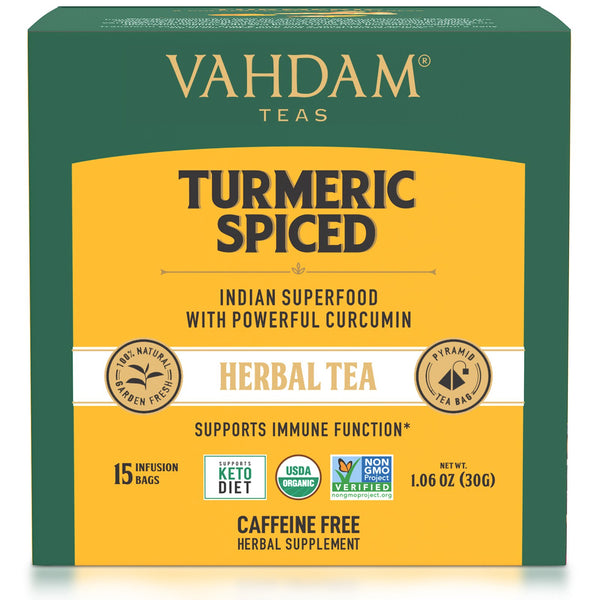 Vahdam Teas, Herbal Tea, Turmeric Spiced, Caffeine Free, 15 Tea Bags, 1.06 oz (30 g) - The Supplement Shop