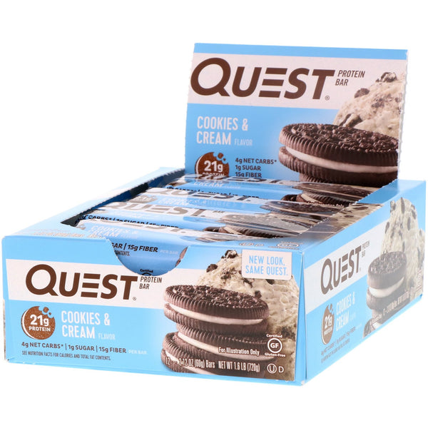 Quest Nutrition, Protein Bar, Cookies & Cream, 12 Bars, 2.12 oz (60 g) Each - The Supplement Shop