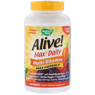 Nature's Way, Alive! Max3 Daily, Multi-Vitamin, No Added Iron, 180 Tablets