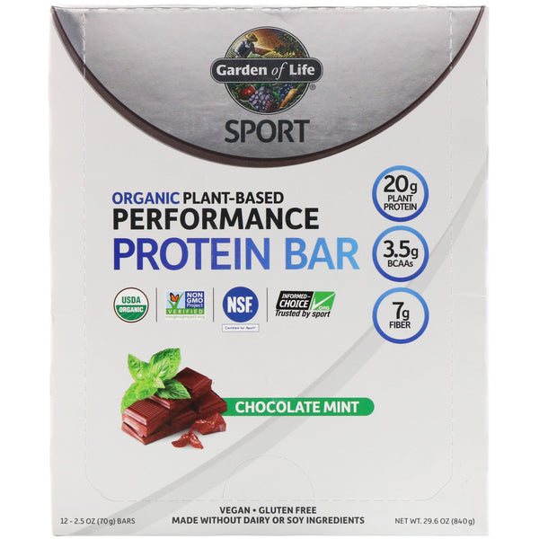 Garden of Life, Sport, Organic Plant-Based Performance Protein Bar, Chocolate Mint, 12 Bars, 2.5 oz (70 g) Each - The Supplement Shop