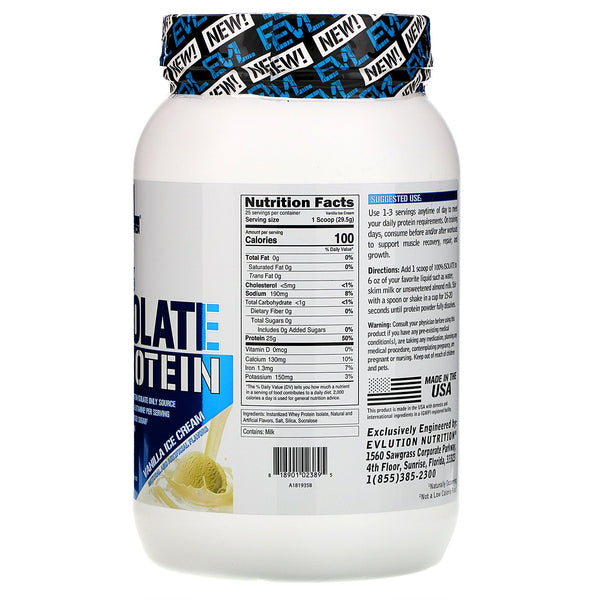EVLution Nutrition, 100% Isolate Protein, Vanilla Ice Cream, 1.6 lb (726 g) - The Supplement Shop