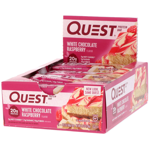 Quest Nutrition, Protein Bar, White Chocolate Raspberry, 12 Bars, 2.12 oz (60 g) Each - The Supplement Shop
