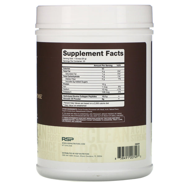 RSP Nutrition, AvoCollagen, Collagen Peptides & Avocado Oil Powder, Chocolate, 14.1 oz (400 g) - The Supplement Shop