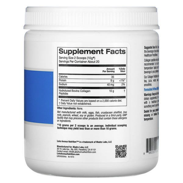 Lake Avenue Nutrition, Hydrolyzed Collagen Peptides, Type I & III, Unflavored, 7.05 oz (200 g) - The Supplement Shop