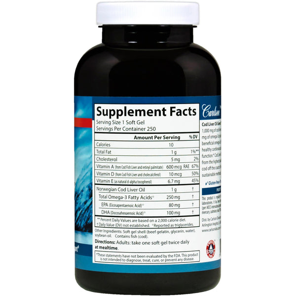 Carlson Labs, Wild Norwegian Cod Liver Oil Gems, Super, 1,000 mg, 250 Soft Gels - The Supplement Shop