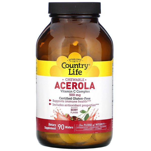 Country Life, Chewable Acerola, Vitamin C Complex, Berry, 500 mg, 90 Wafers - The Supplement Shop