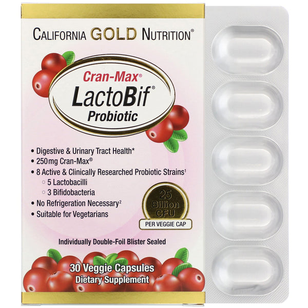California Gold Nutrition, LactoBif Probiotics, Cran-Max, 25 Billion CFU, 30 Veggie Capsules - The Supplement Shop