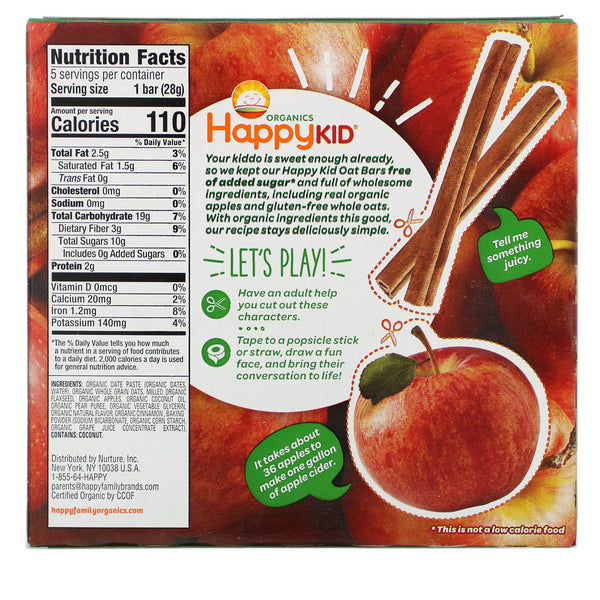 Happy Family Organics, Happy Kid, Apple + Cinnamon, Fruit & Oat Bar, 5 Bars, 0.99 oz (28 g) Each - The Supplement Shop