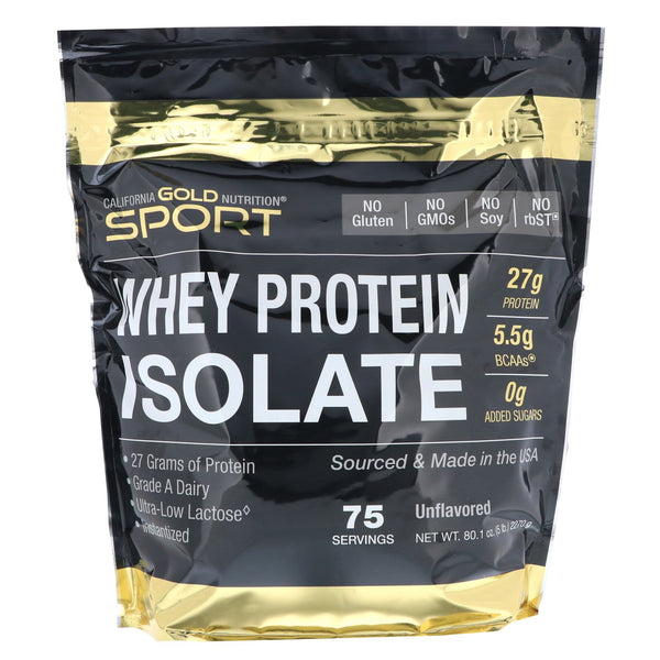 California Gold Nutrition, SPORT, Whey Protein Isolate, Unflavored, 90% Protein, Fast Absorption, Easy to Digest, Single Source Grade A Wisconsin, USA Dairy, 75 Servings, 5 lbs (2270 g) - The Supplement Shop