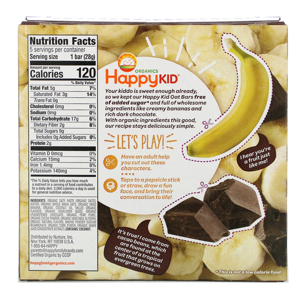 Happy Family Organics, Happy Kid, Banana + Chocolate, Fruit & Oat Bar, 5 Bars, 0.99 oz (28 g) Each - The Supplement Shop