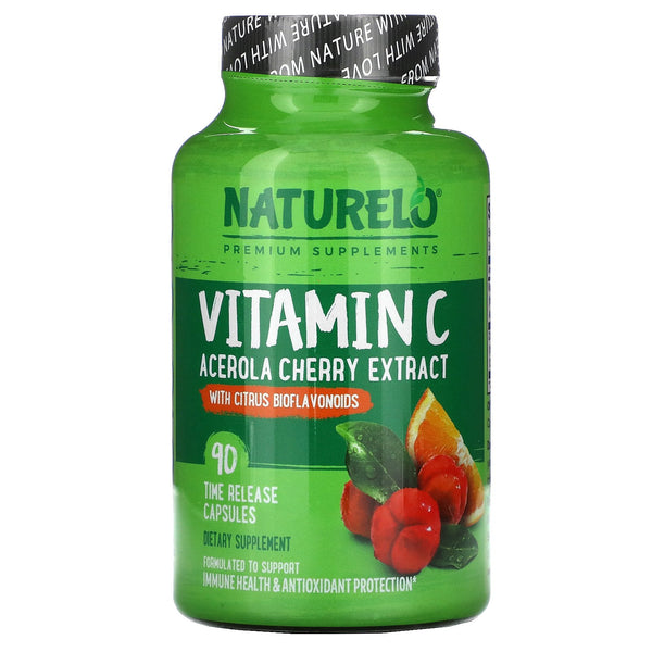 NATURELO, Vitamin C, Acerola Cherry Extract with Citrus Bioflavonoids, 90 Time Release Capsules - The Supplement Shop