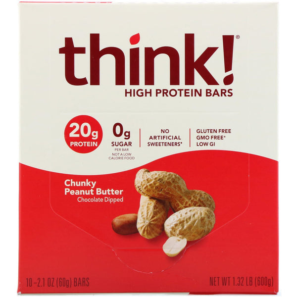 ThinkThin, High Protein Bars, Chunky Peanut Butter, 10 Bars, 2.1 oz (60 g) Each - The Supplement Shop