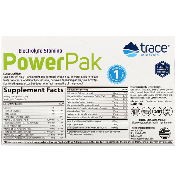 Trace Minerals Research, Electrolyte Stamina PowerPak, Acai Berry, 30 Packets, 0.18 oz (5.2 g) Each - The Supplement Shop