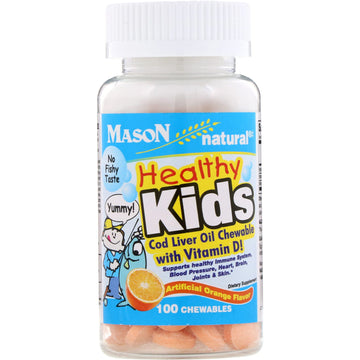Mason Natural, Healthy Kids, Cod Liver Oil Chewable with Vitamin D!, Artificial Orange Flavor, 100 Chewables