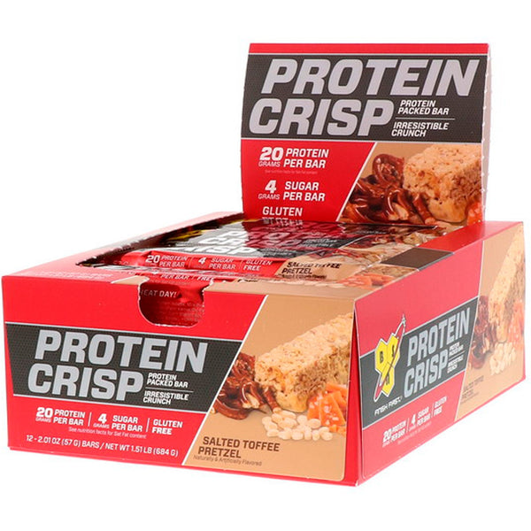 BSN, Protein Crisp, Packed Protein Bar, Salted Toffee Pretzel, 12 Bars, 2.01 oz (57 g) - The Supplement Shop