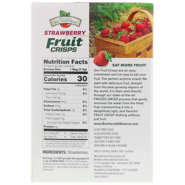 Brothers-All-Natural, Freeze Dried - Fruit Crisps, Strawberry , 12 Single-Serve Bags, 3.17 oz (90 g) - The Supplement Shop