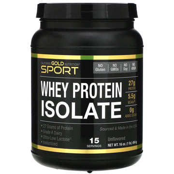 California Gold Nutrition, SPORT, Whey Protein Isolate, Unflavored, 90% Protein, Fast Absorption, Easy to Digest, Single Source Grade A Wisconsin, USA Dairy, 1 lb, 16 oz (454 g)