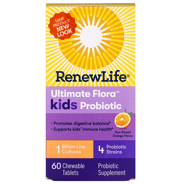 Renew Life, Ultimate Flora Kids Probiotic, Sun-Kissed Orange Flavor, 1 Billion Live Cultures, 60 Chewable Tablets - The Supplement Shop