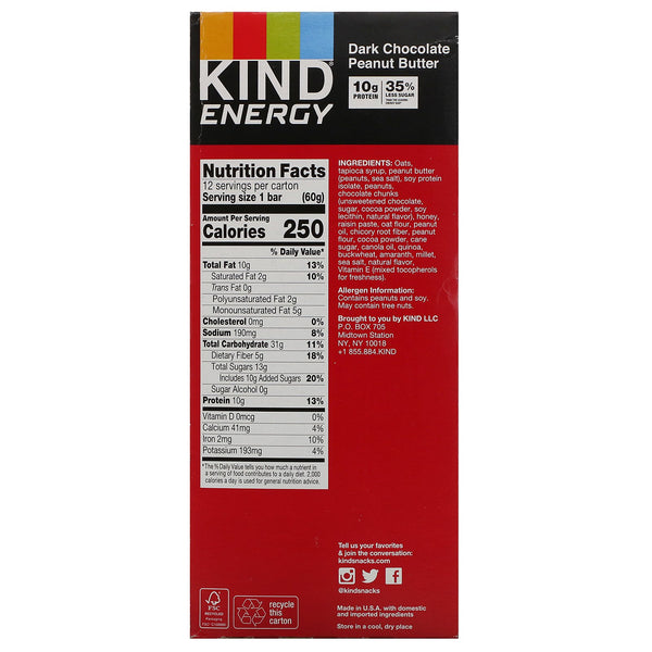 KIND Bars, Energy, Dark Chocolate Peanut Butter , 12 Bars, 2.1 oz (60 g) Each - The Supplement Shop