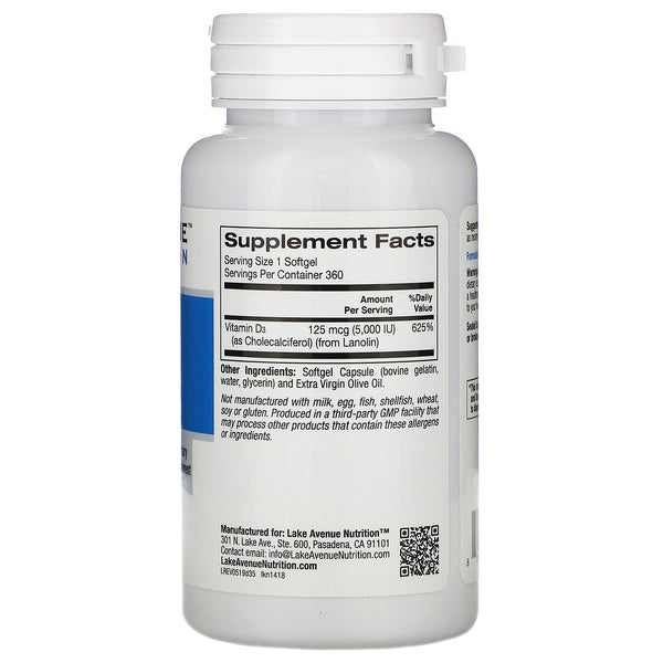 Lake Avenue Nutrition, Vitamin D3, 5,000 IU, 360 Softgels - The Supplement Shop