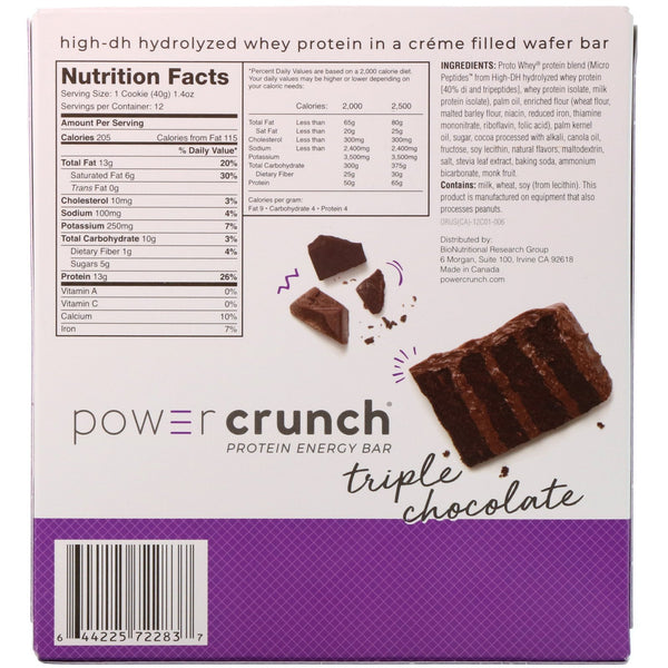 BNRG, Power Crunch Protein Energy Bar, Original, Triple Chocolate, 12 Bars, 1.4 oz (40 g) Each - The Supplement Shop