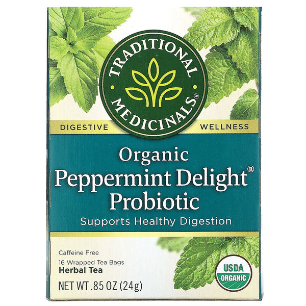 Traditional Medicinals, Organic Peppermint Delight Probiotic, Caffeine Free, 16 Wrapped Tea Bags, .85 oz (24 g) - The Supplement Shop
