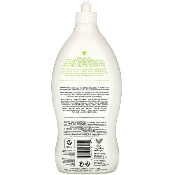 ATTITUDE, Dishwashing Liquid, Green Apple & Basil, 23.7 fl oz (700 ml) - The Supplement Shop