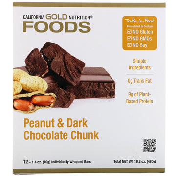 California Gold Nutrition, Foods, Peanut & Dark Chocolate Chunk Bars with Dry Roasted Almonds, Chicory Root Fiber, Pea Crisps and Honey, 12 Bars, 1.4 oz (40 g) Each