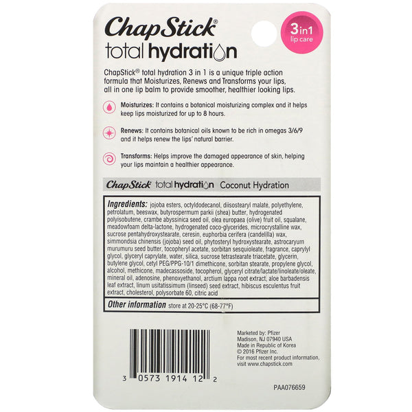 Chapstick, Total Hydration, 3 in 1 Lip Care, Coconut Hydration, 0.12 oz (3.5 g) - The Supplement Shop