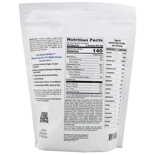 Lake Avenue Nutrition, Whey Protein + Probiotic, Chocolate Flavor, 2 lb (907 g) - The Supplement Shop