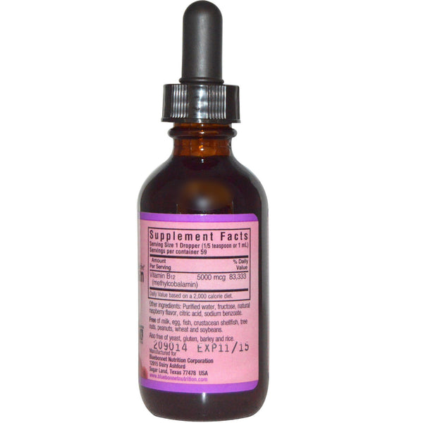 Bluebonnet Nutrition, Liquid Methylcobalamin Vitamin B12, Natural Raspberry Flavor, 5000 mcg, 2 fl oz (59 ml) - The Supplement Shop