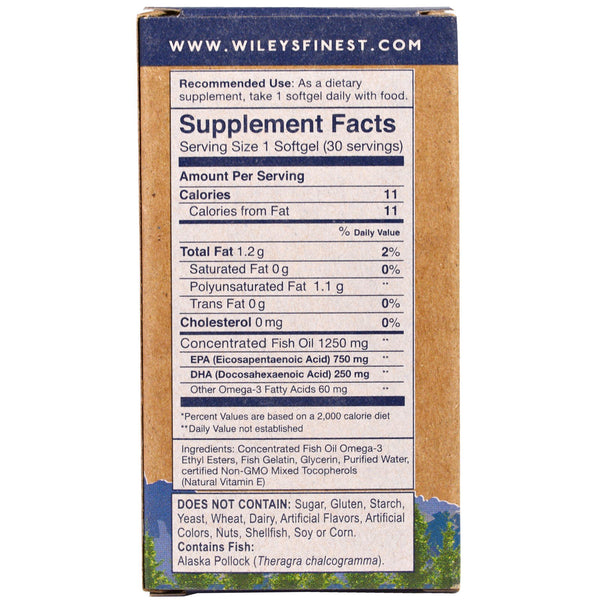 Wiley's Finest, Wild Alaskan Fish Oil, Peak EPA, 1,250 mg, 30 Fish Softgels - The Supplement Shop
