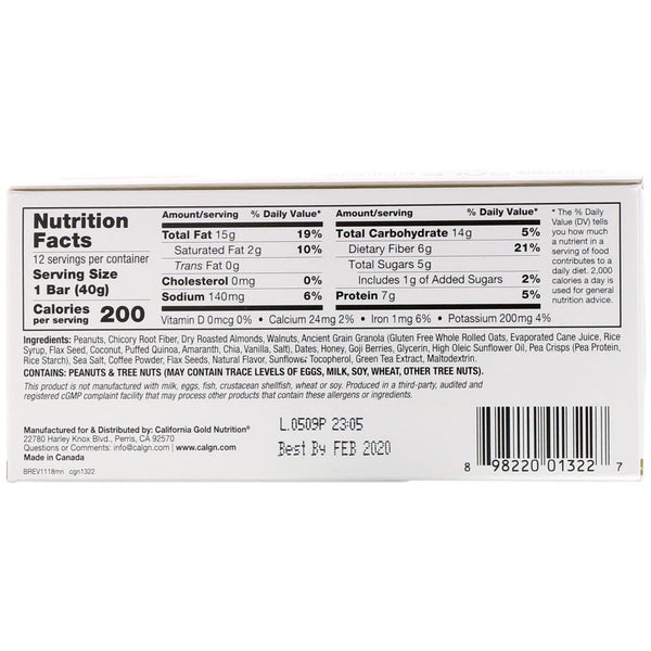 California Gold Nutrition, Foods, Mocha Nut Chewy Granola Bars, 12 Bars, 1.4 oz (40 g) Each - The Supplement Shop