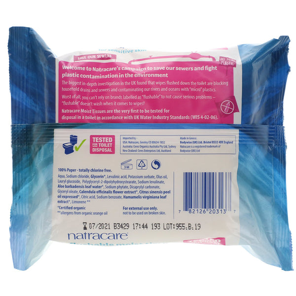 Natracare, Safe to Flush, Moist Tissues, 30 Tissues - The Supplement Shop