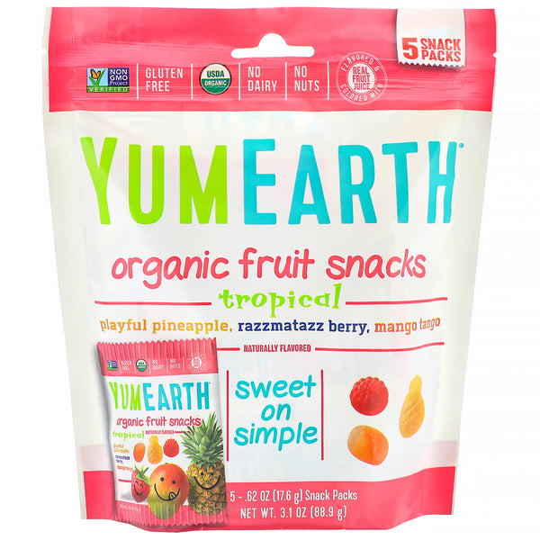 YumEarth, Organic Fruit Snacks, Tropical, 5 Packs, 0.62 oz (17.6 g) Each - The Supplement Shop