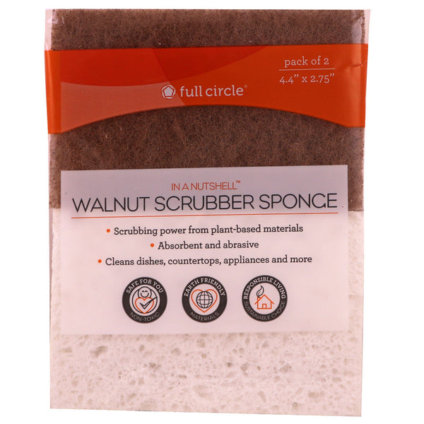 Full Circle, In A Nutshell, Walnut Scrubber Sponge, 2 Pack, 4.4" x 2.75" Each - The Supplement Shop