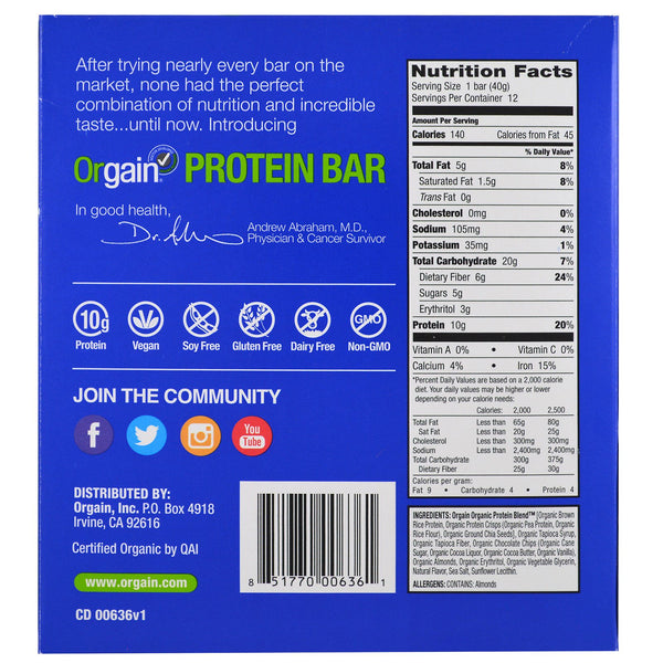 Orgain, Organic Plant-Based Protein Bar, Chocolate Chip Cookie Dough, 12 Bars, 1.41 oz (40 g) Each - The Supplement Shop