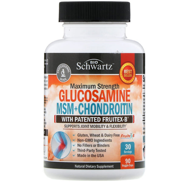 BioSchwartz, Maximum Strength, Glucosamine MSM+Chondroitin with Patented Fruitex-B, 90 Veggie Caps - The Supplement Shop