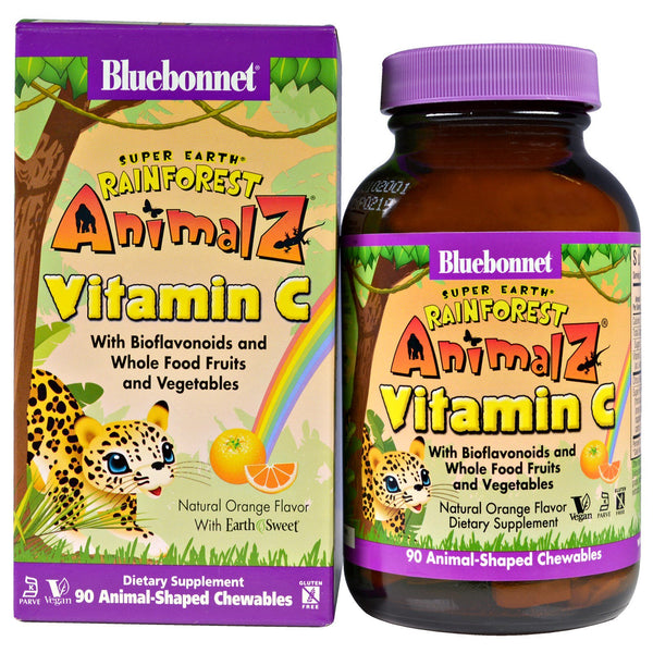 Bluebonnet Nutrition, Super Earth, Rainforest Animalz, Vitamin C, Natural Orange Flavor, 90 Animal-Shaped Chewables - The Supplement Shop