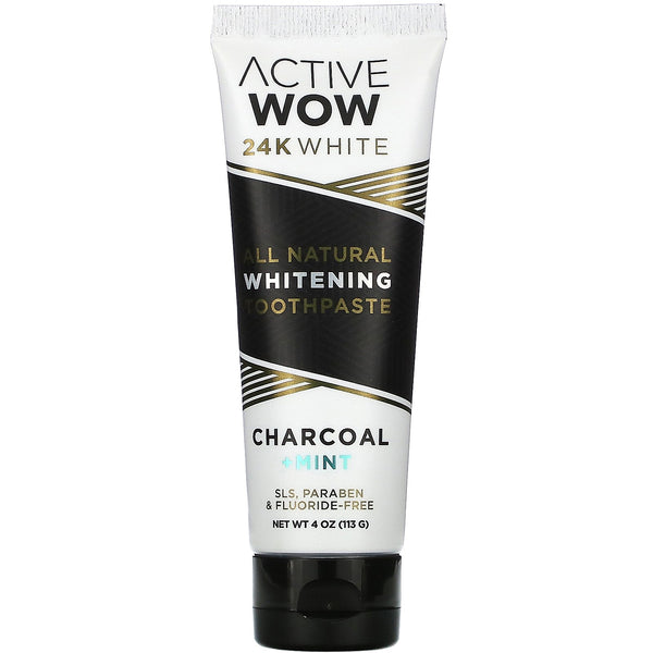 Active Wow, 24K White, All Natural Whitening Toothpaste, Charcoal + Mint, 4 oz (113 g) - The Supplement Shop