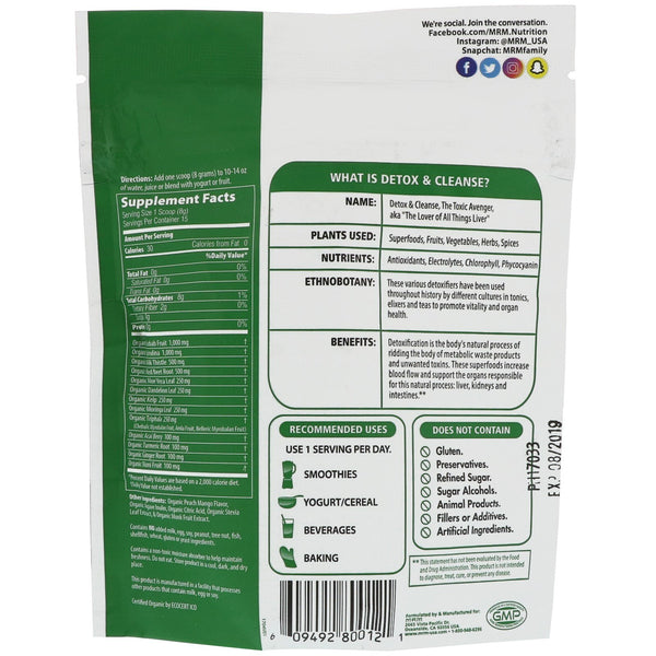 MRM, Organic Detox & Cleanse Powder, Peach Mango, 4.2 oz (120 g) - The Supplement Shop