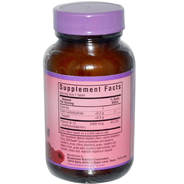 Bluebonnet Nutrition, EarthSweet, Methylcobalamin, Vitamin B-12, Natural Raspberry Flavor, 5000 mcg, 60 Chewable Tablets - The Supplement Shop