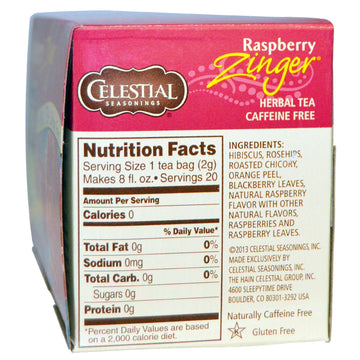 Celestial Seasonings, Herbal Tea, Caffeine Free, Raspberry Zinger,  20 Tea Bags, 1.6 oz (45 g)
