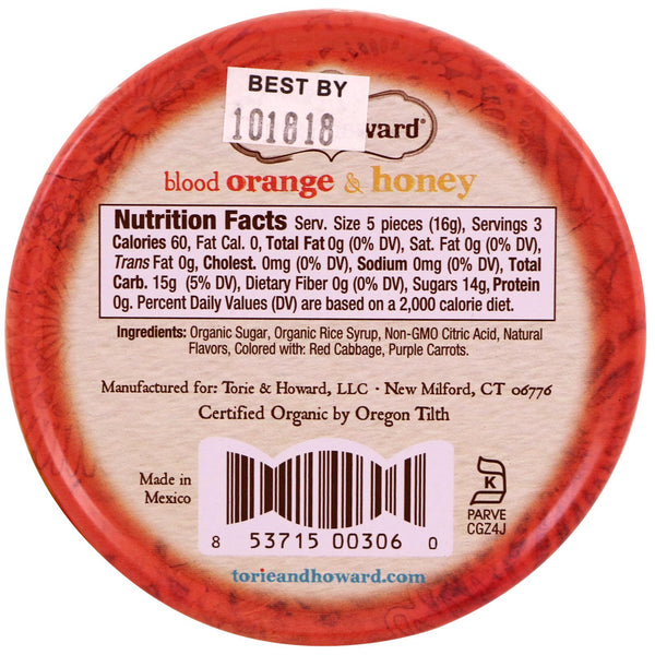 Torie & Howard, Organic, Hard Candy, Blood Orange & Honey, 2 oz (57 g) - The Supplement Shop